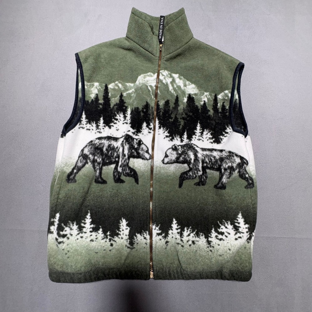 Vintage Polar Graphics Bear Fleece Vest Mens Medium Green Mountain USA Made